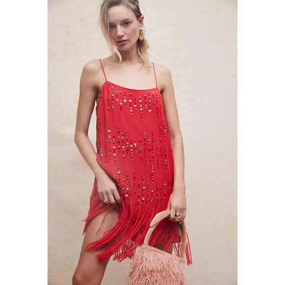 NWT Free People red fringe trim sequin embellished mini dress, XS - Picture 2 of 15